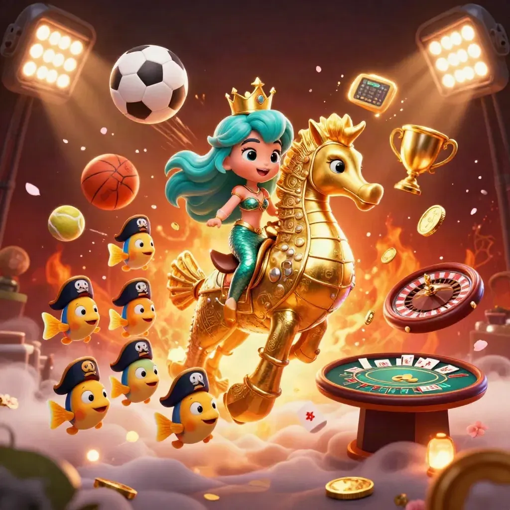 Mermaid princess on golden seahorse amid casino-sporting icons, coins, runes, and glowing lights.
