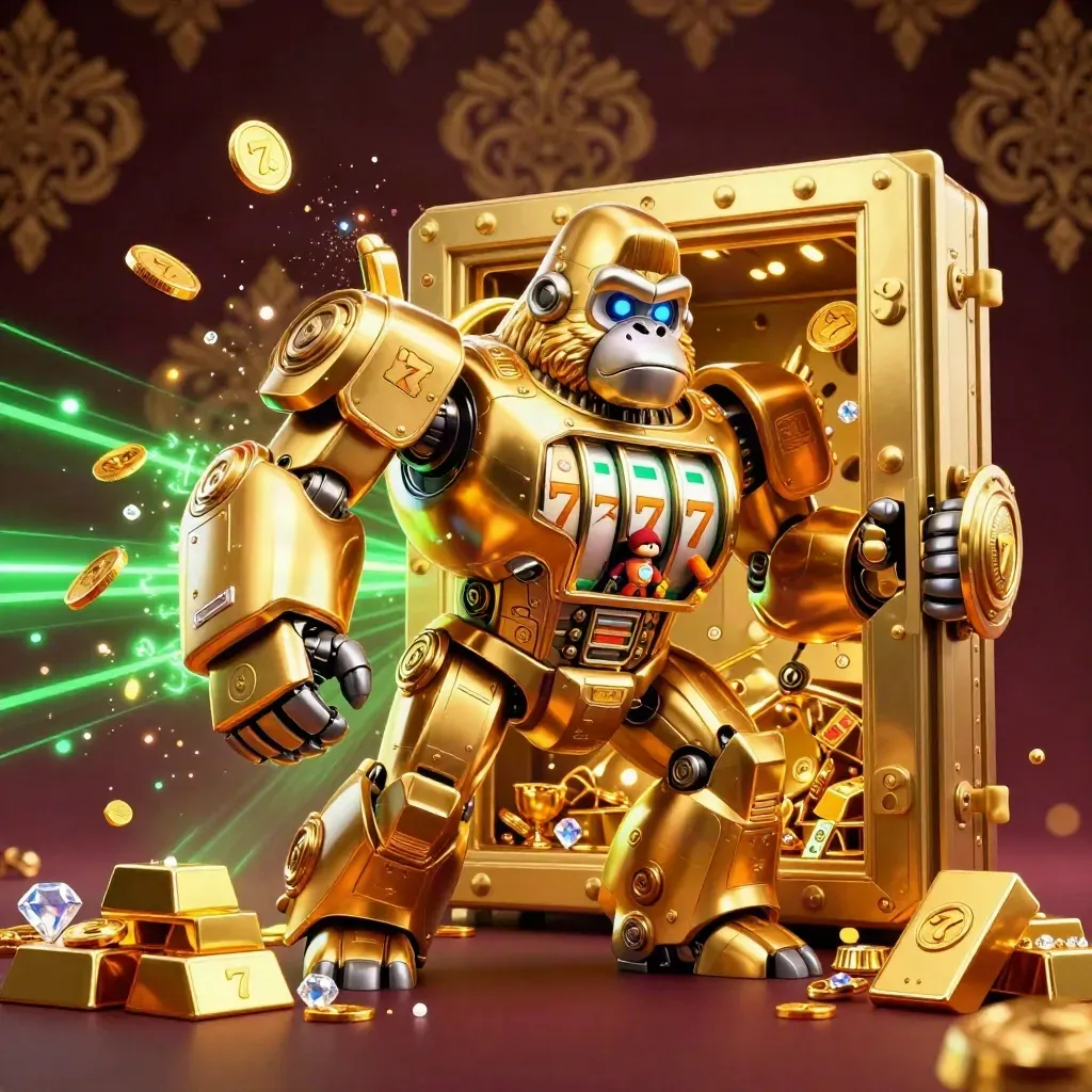 Golden gorilla mech bursts from a treasure vault with a tiny monkey pilot and glowing loot.