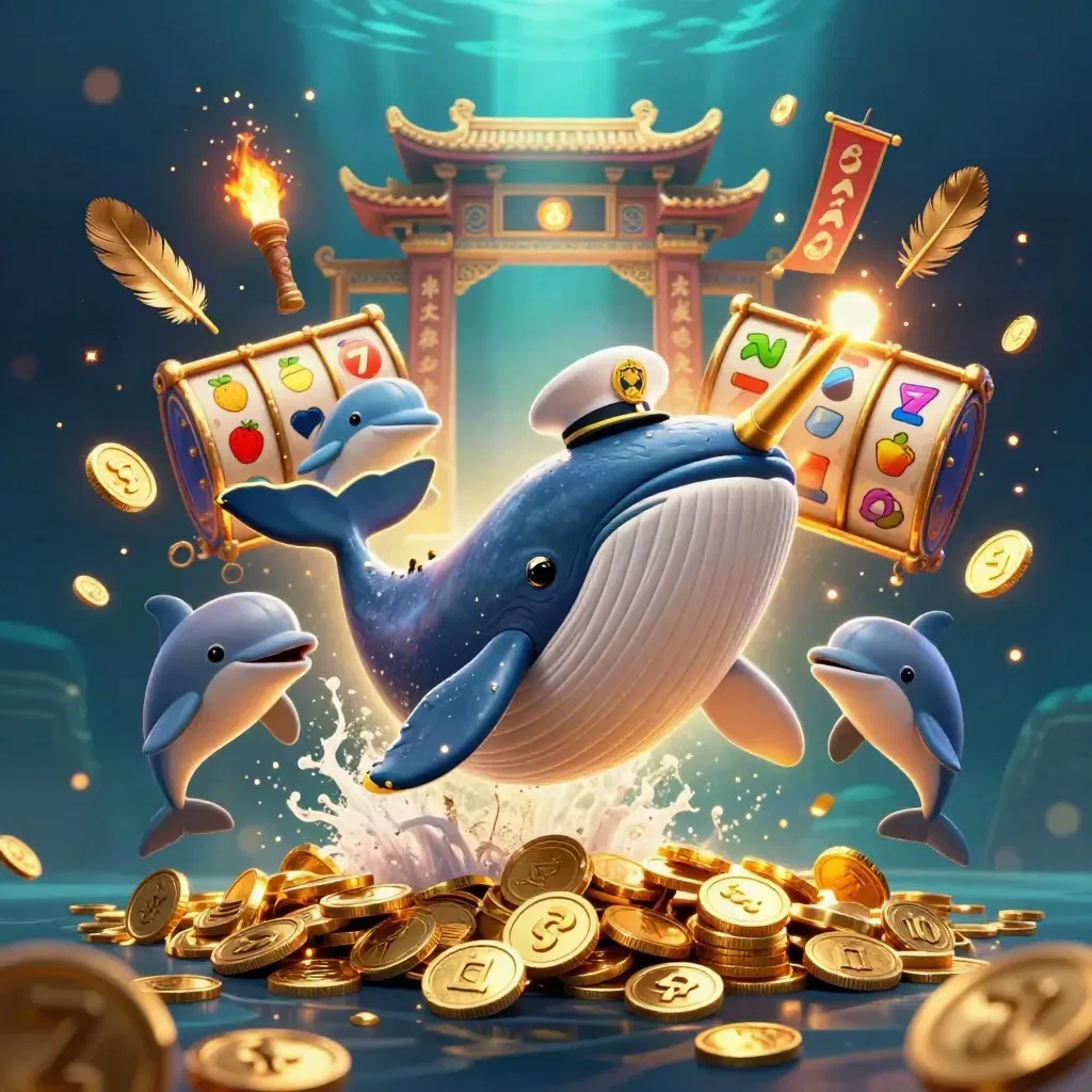 Whale captain, narwhal and dolphins burst from coins amid gold treasure, temple gate and rays