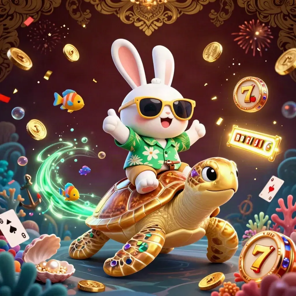 Lucky rabbit rides a gem turtle in a treasure cove with coins, coral, cards, and casino magic.
