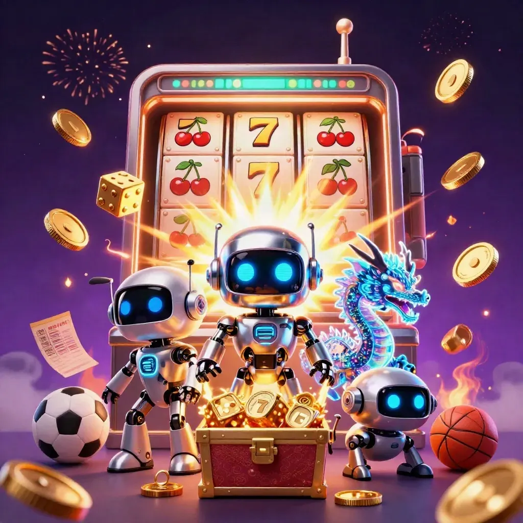 Cyberpunk robot, hologram dragon, drone, slot machine, coins and sports betting icons explode in neon