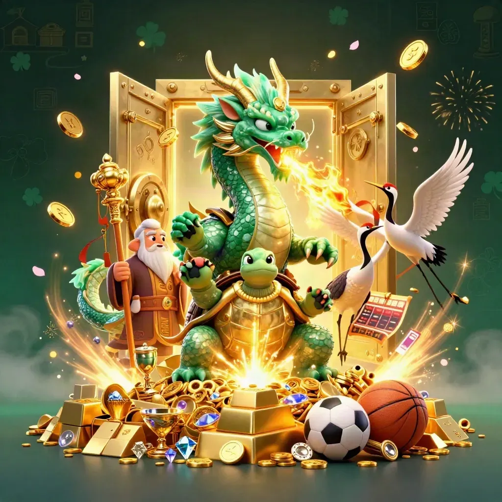 Dragon, turtle sage, and cranes burst from a golden vault with coins, gems, and sports props.