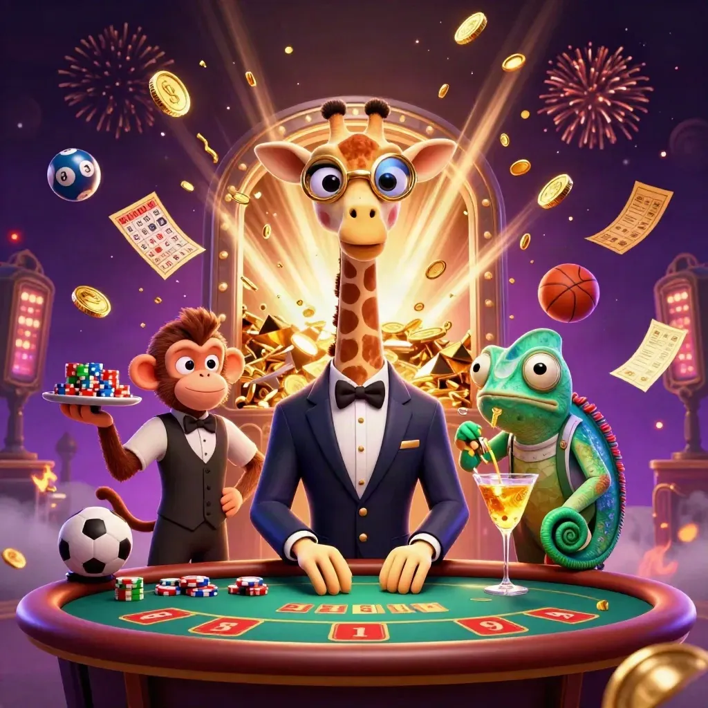Giraffe, monkey, and chameleon at a glowing casino vault with coins, fireworks, and sports betting props.