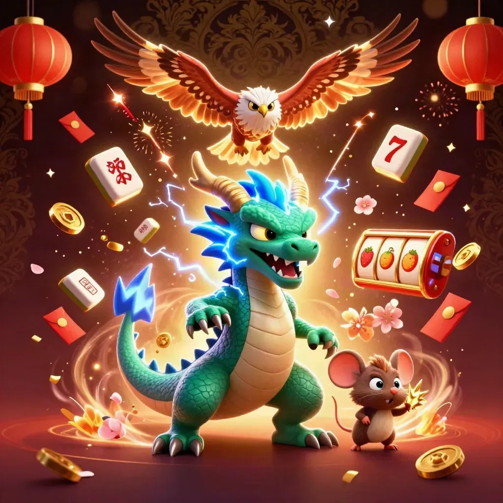 Thunder dragon, hawk, and mouse amid casino charms, lanterns, coins, and fireworks.