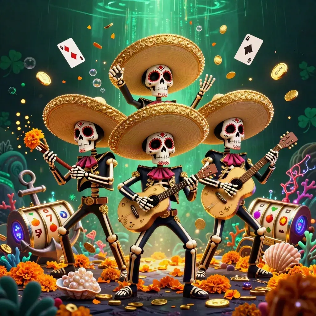 Day-of-the-Dead skeleton mariachi trio in a neon casino treasure cove with coins, coral, cards, and gold effects