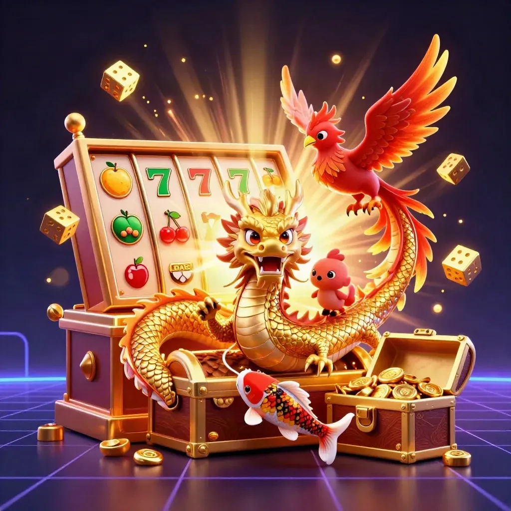 Golden dragon with phoenix and koi amid exploding slot reels, dice, and treasure in neon luxe lighting.