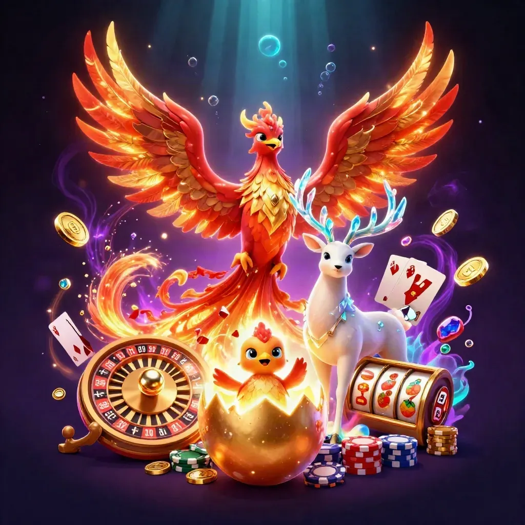 Three fantasy casino mascots with coins, cards, chips, and glowing effects on a dark luxe background.